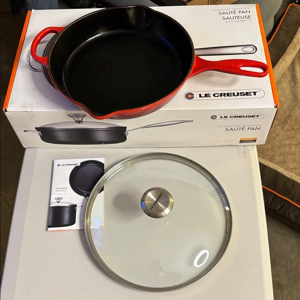 Le Creuset 10.25” Red Cast Iron Skillet with Lid - Picture 3 of 8